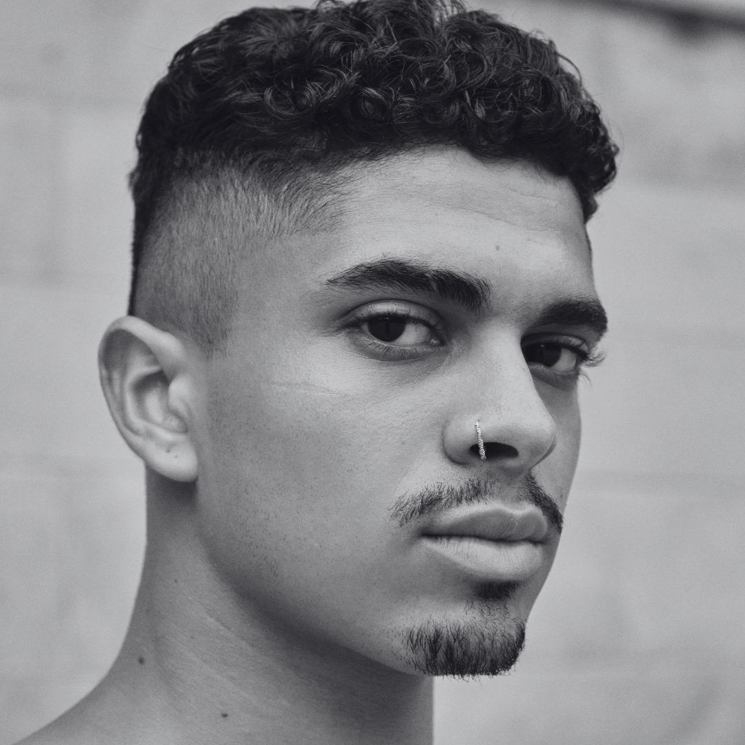 Black and white photo of close up headshot