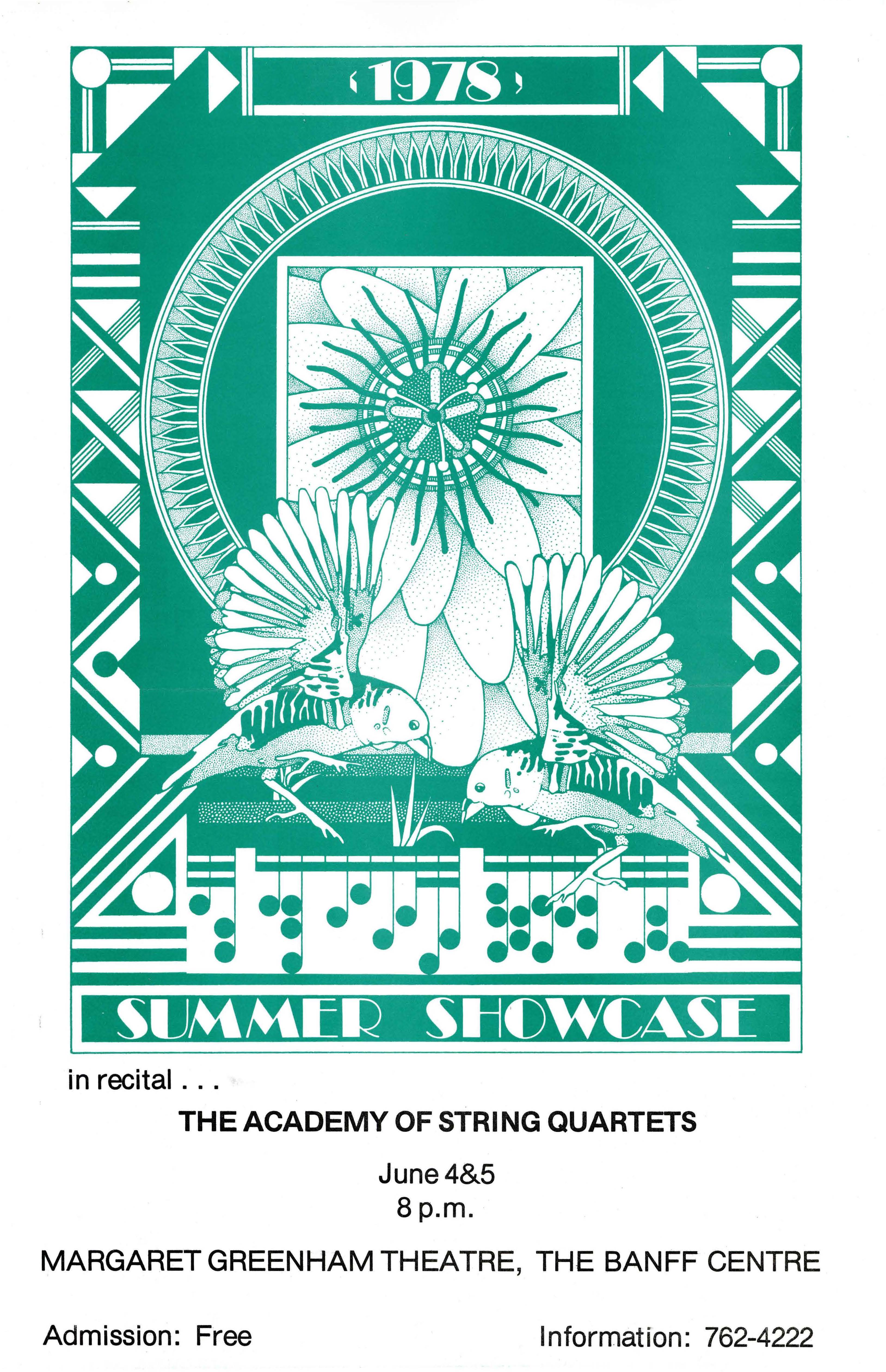 A poster for The Academy of String Quartets Summer Showcase featuring geometric shapes and birds