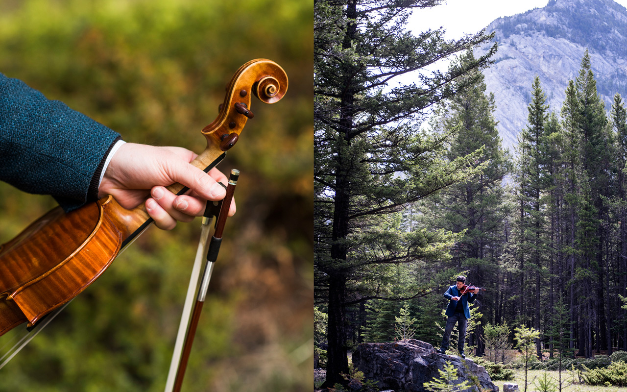 Musician Barry Shiffman with his violin in nature.