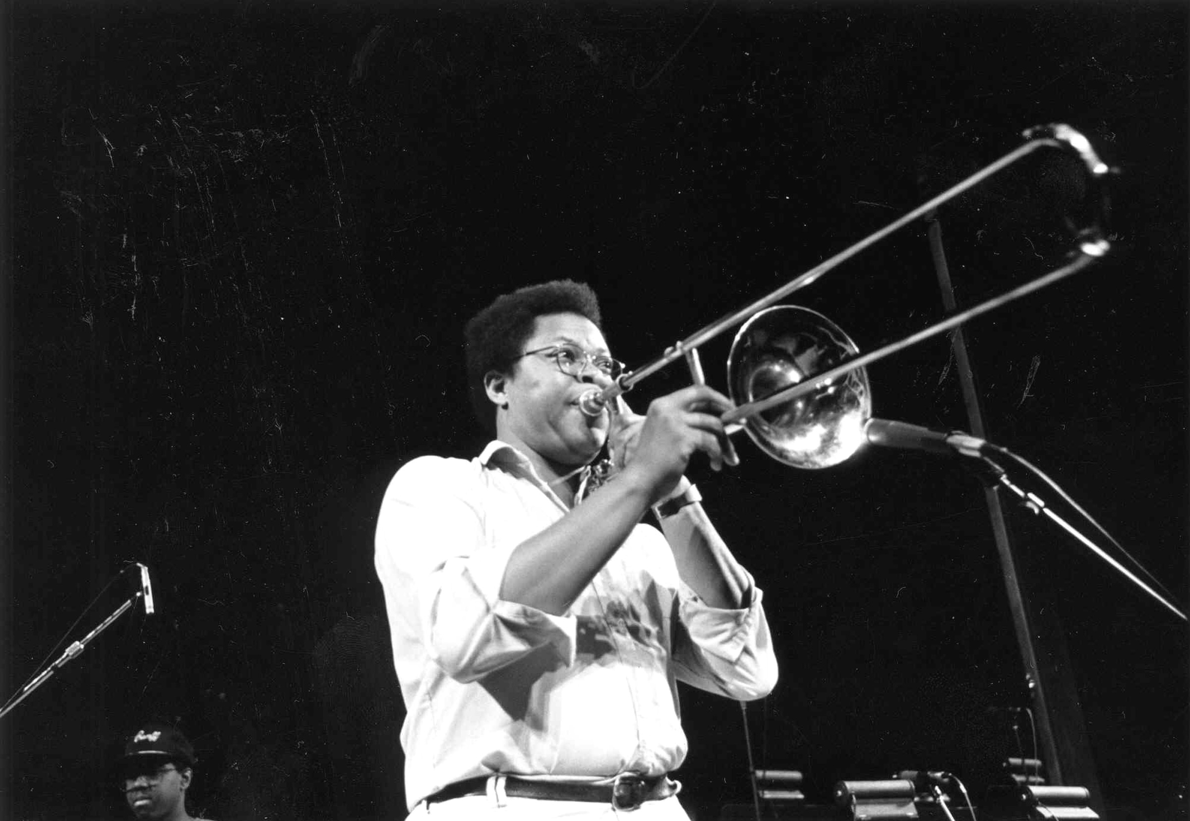 George Lewis pictured performing as part of a faculty concert for the Banff Jazz Workshop on July 25, 1986, in our Max B