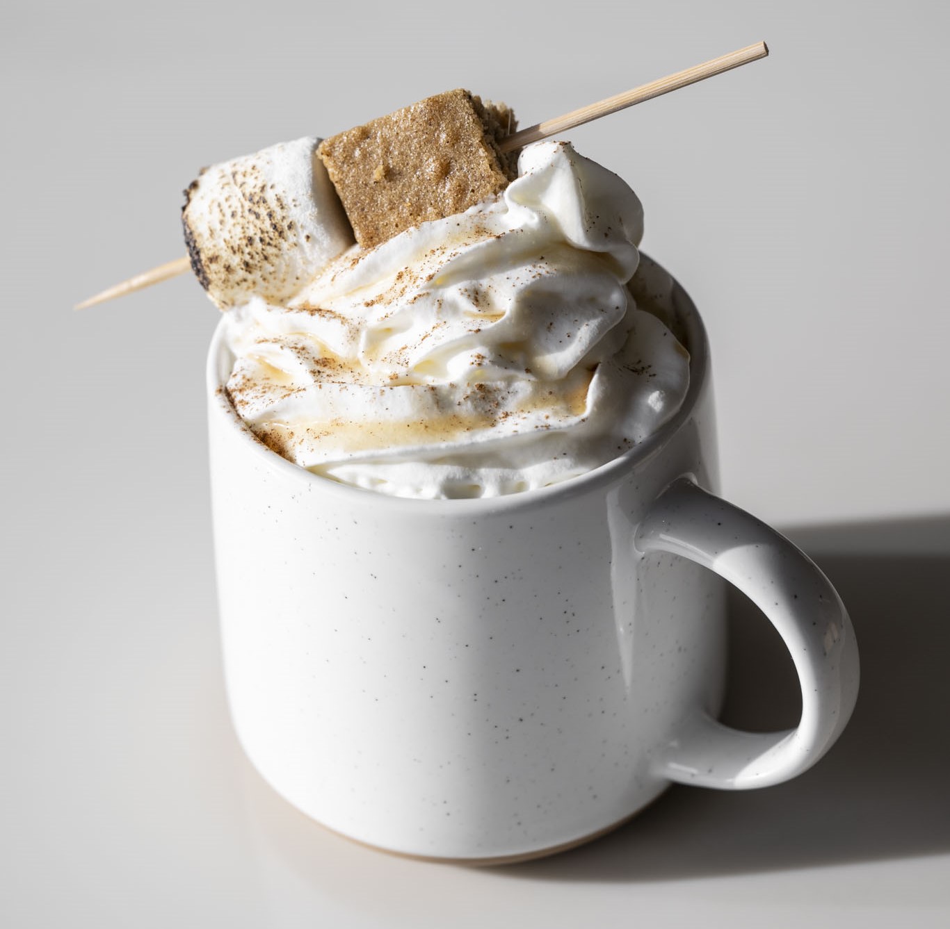 Hot chocolate topped with whipped cream, marshmallows, and cinnamon sponge cake