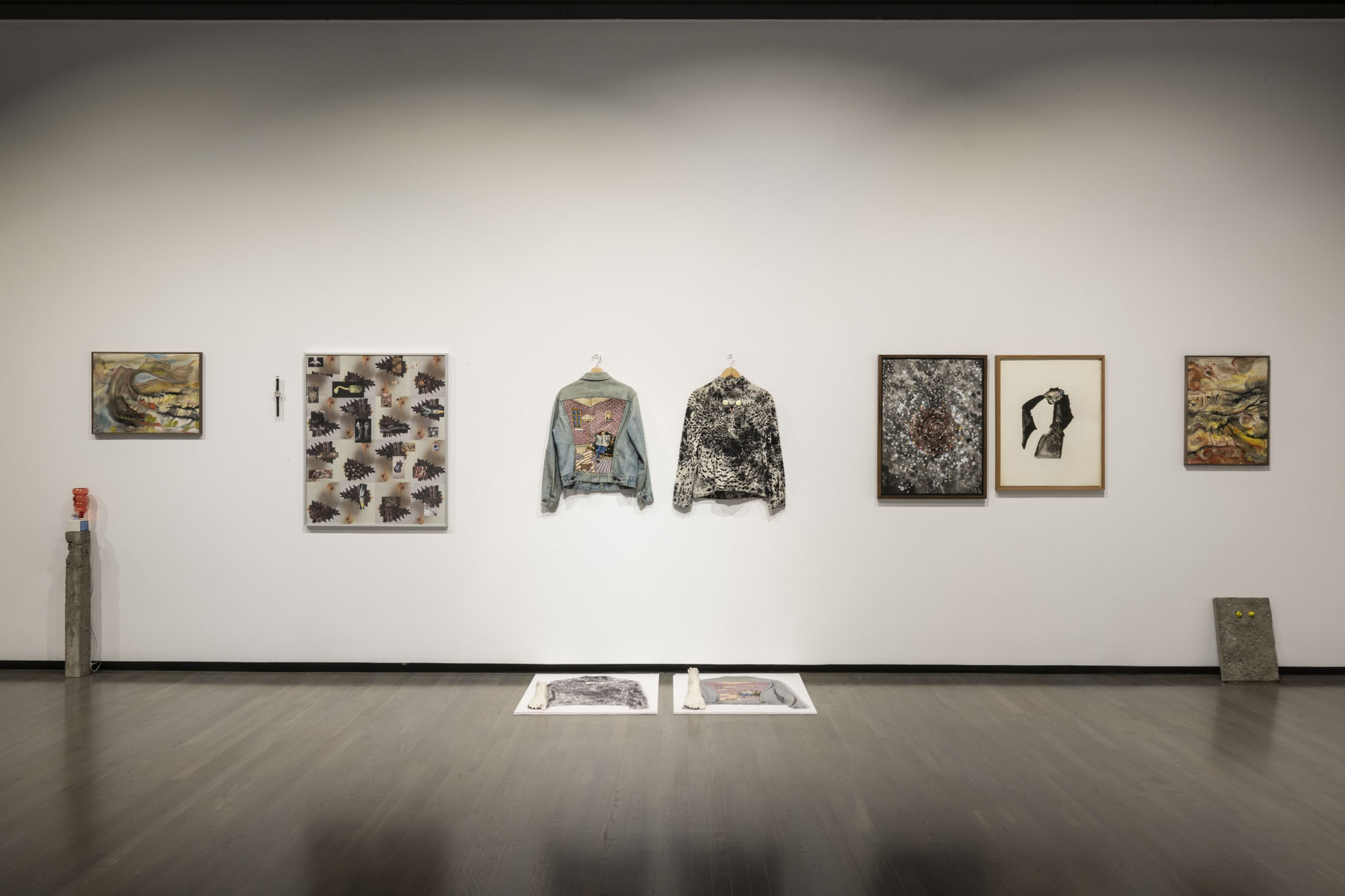 Installation view of Elliptical Lineages, Walter Phillips Gallery, Banff Centre for Arts and Creativity, 2025. Frank McKeough, Selection of untitled works, c. 1977-1997, courtesy of the Estate of Frank McKeough. Photo: Rita Taylor.