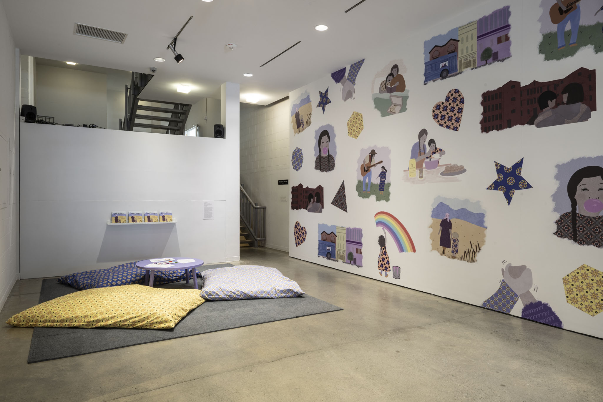 Installation view of Elliptical Lineages, Walter Phillips Gallery, Banff Centre for Arts and Creativity, 2025. Hali Heavy Shield, Naaahsa is an Artist!, 2023, revised as installation, 2025, courtesy of the artist. Photo: Rita Taylor.