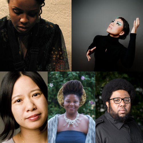 Collage of the Ensemble Evolution faculty featuring Matana Roberts, Liza Lim, Tyshawn Sorey, Lisa Harris, Aiyun Huang.