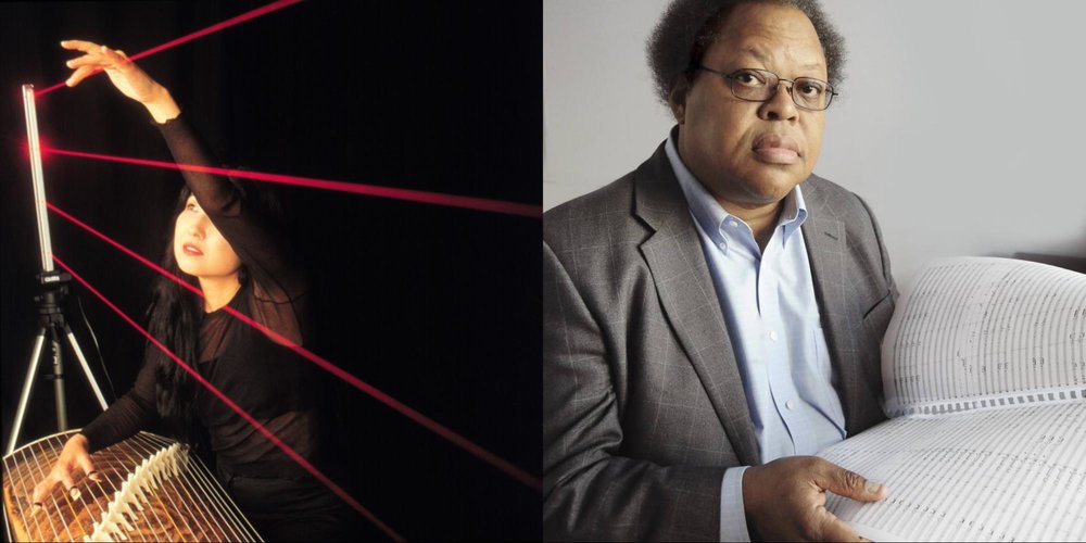 Musicians Miya Masaoka and George Lewis pictured in two separate head-shots.