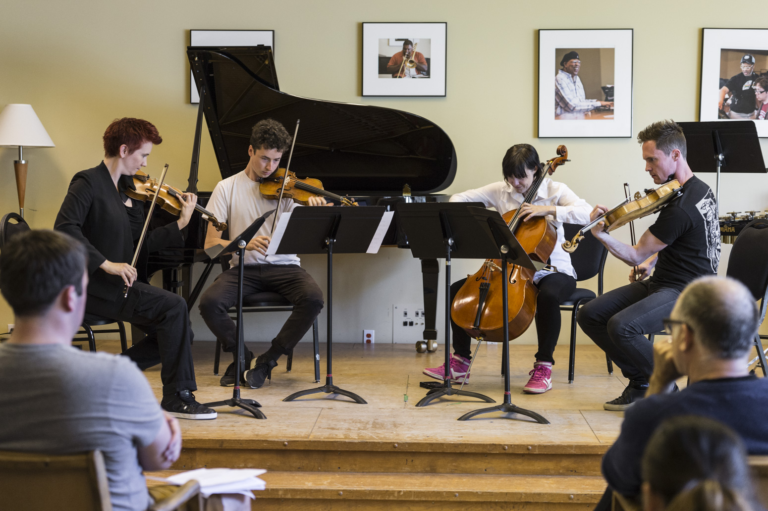 A quartet of Banff Centre Participants play on a small studio stage in front of an audience, Banff National Park, Albert