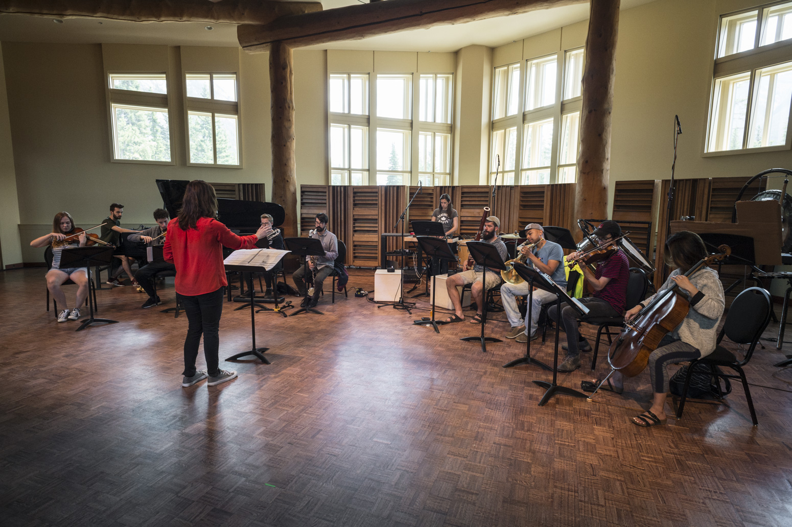 A casual music ensemble plays in Banff Centre's Rolston Recital Hall.