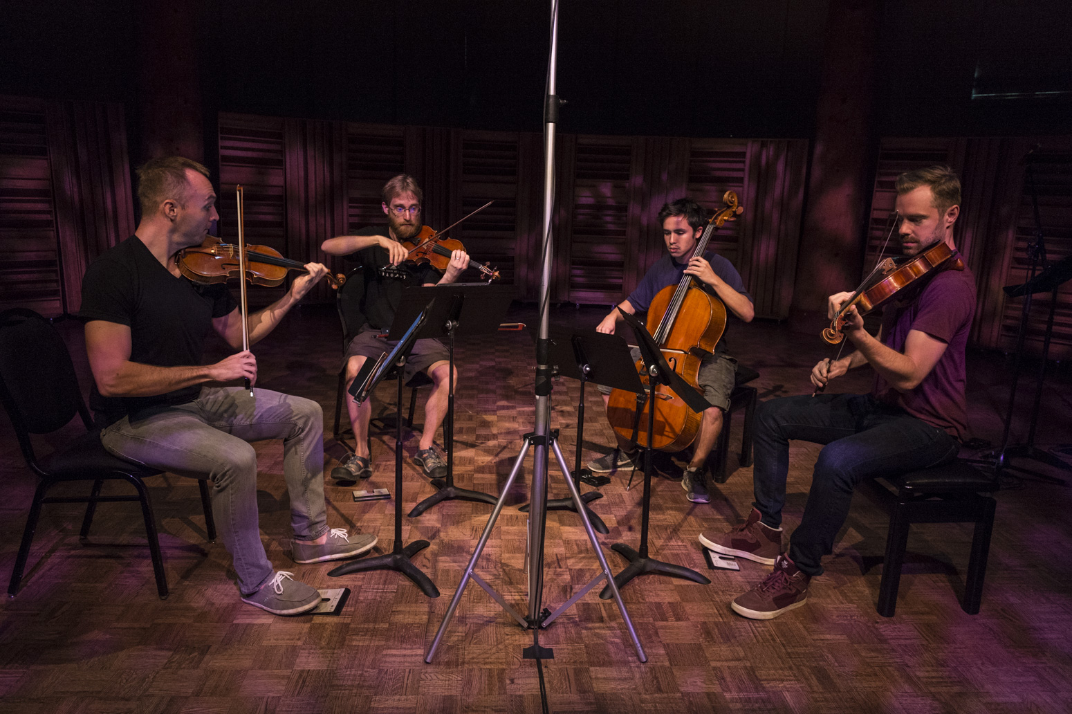 The JACK Quartet performs in a small semi-circle at Banff Centre, Banff National Park, Alberta.