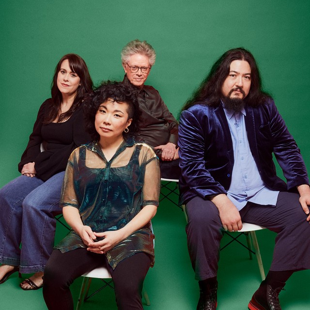 Image of The Kronos Quartet. From Left to Right: Gabriela Díaz (violin), Ayane Kozasa (viola), David Harrington (violin) and Paul Wiancko (cello).