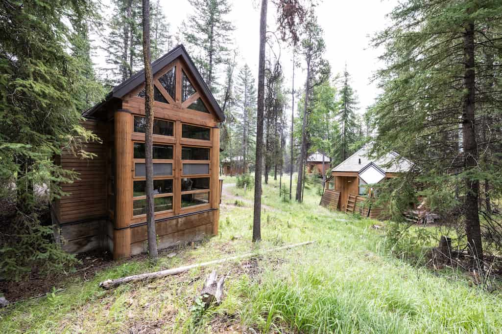 Unique artist studios in a forested area on campus