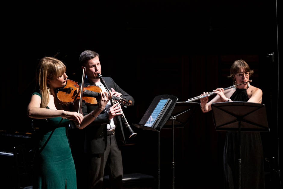 Interplay Trio: Alex Huyghebaert (flute), Ehrentraud Moser (violin), Simon Proulx (clarinet). Photo by Rita Taylor. Interplay Trio: Alex Huyghebaert (flute), Ehrentraud Moser (violin), Simon Proulx (clarinet). Photo by Rita Taylor.