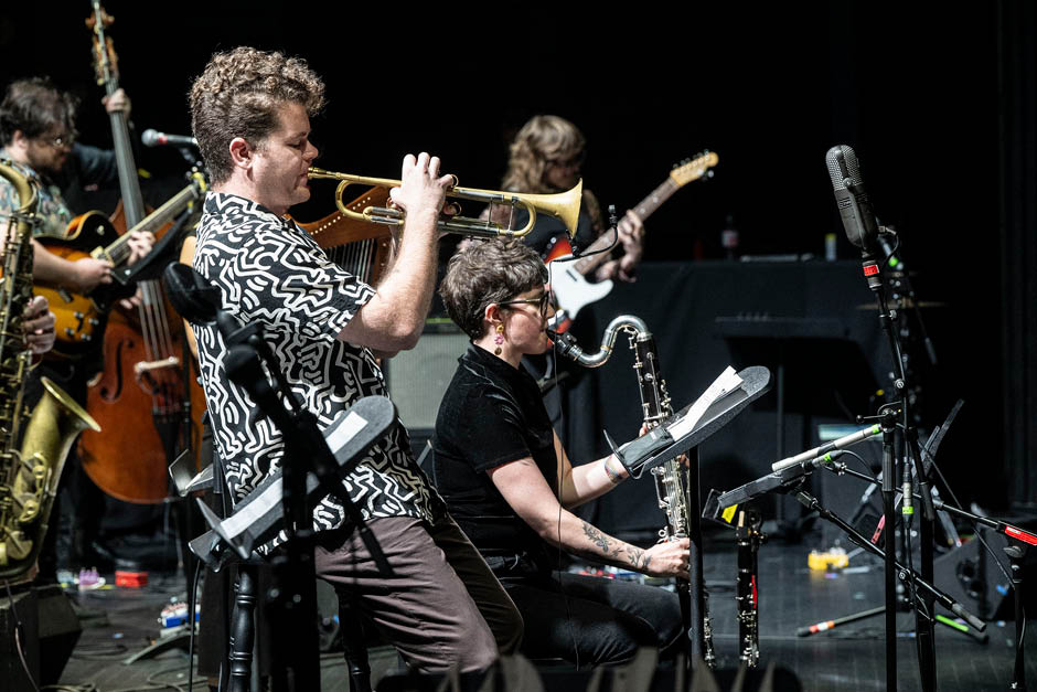 Michael Brady (guitar), Matt Smith (trumpet), Olivia Jones (bass clarinet), Stella Anning (guitar); Jazz and Sonic Arts 2024. Photo by Rita Taylor. Michael Brady (guitar), Matt Smith (trumpet), Olivia Jones (bass clarinet), Stella Anning (guitar); Jazz and Sonic Arts 2024. Photo by Rita Taylor.