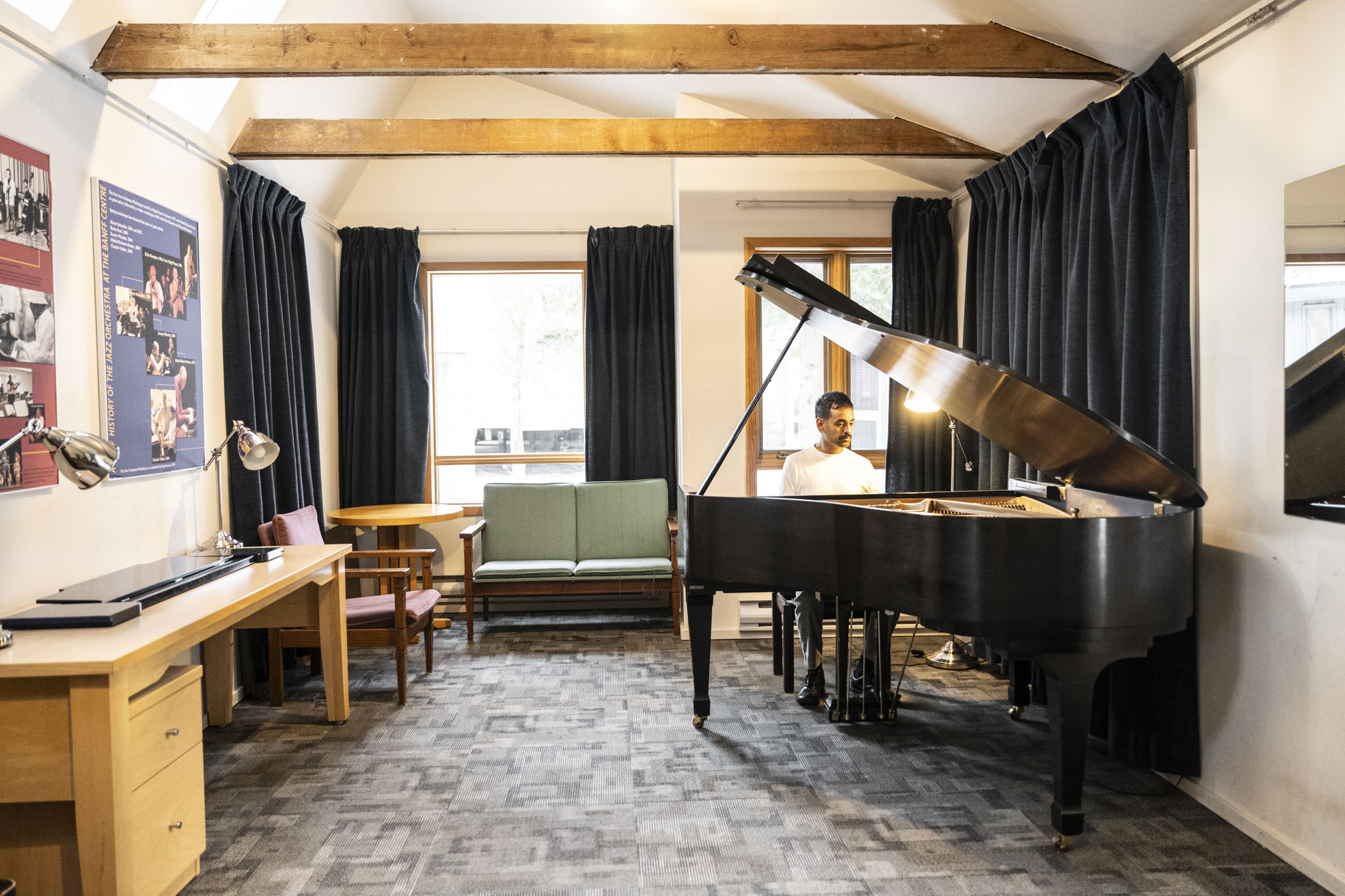 A pianist inside one of the Music Huts at Banff Centre. 