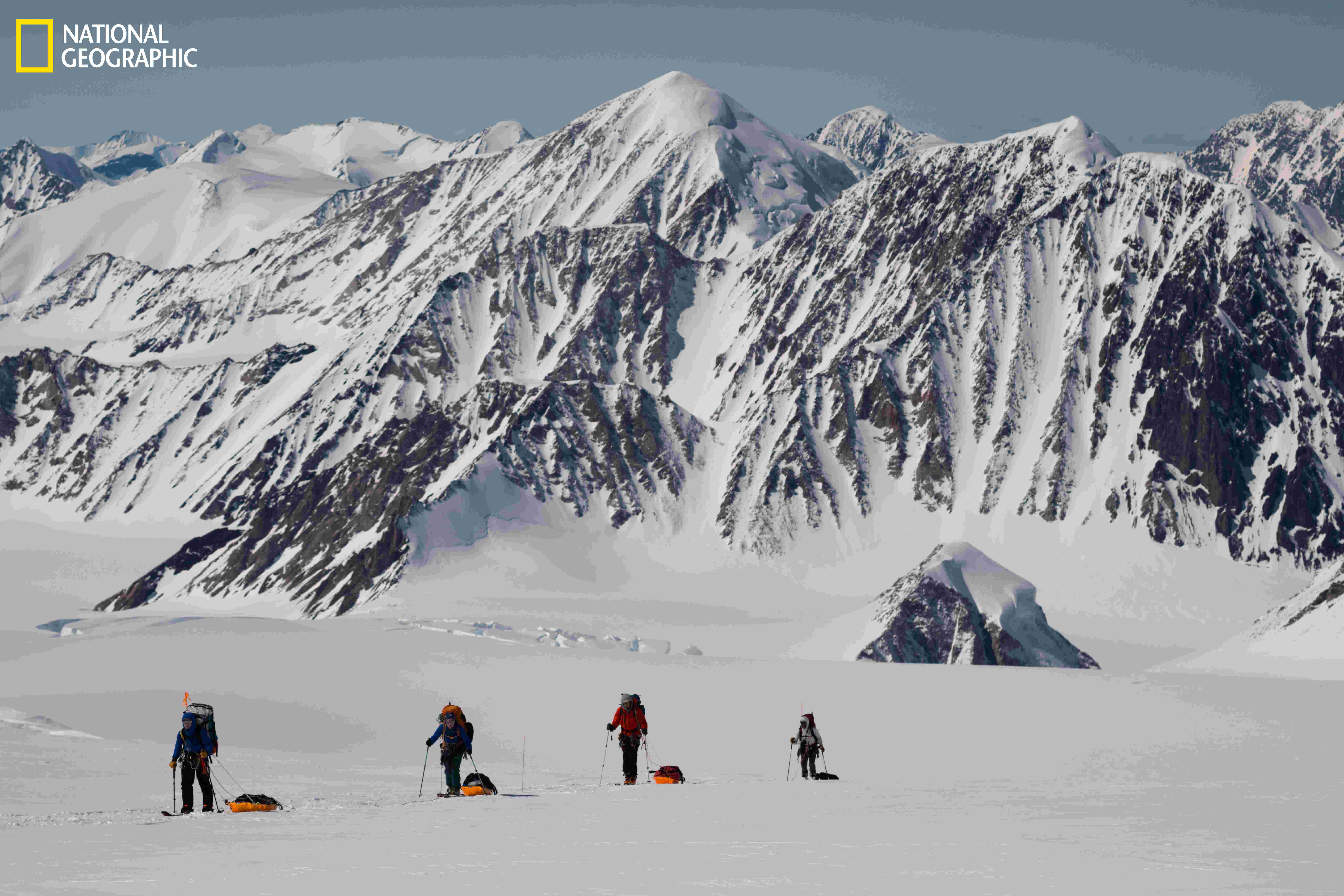 The expedition team climbs towards camp 1 on Mt. Logan in Kluane National Park and Reserve. Credit: Leo Hoorn/National Geographic