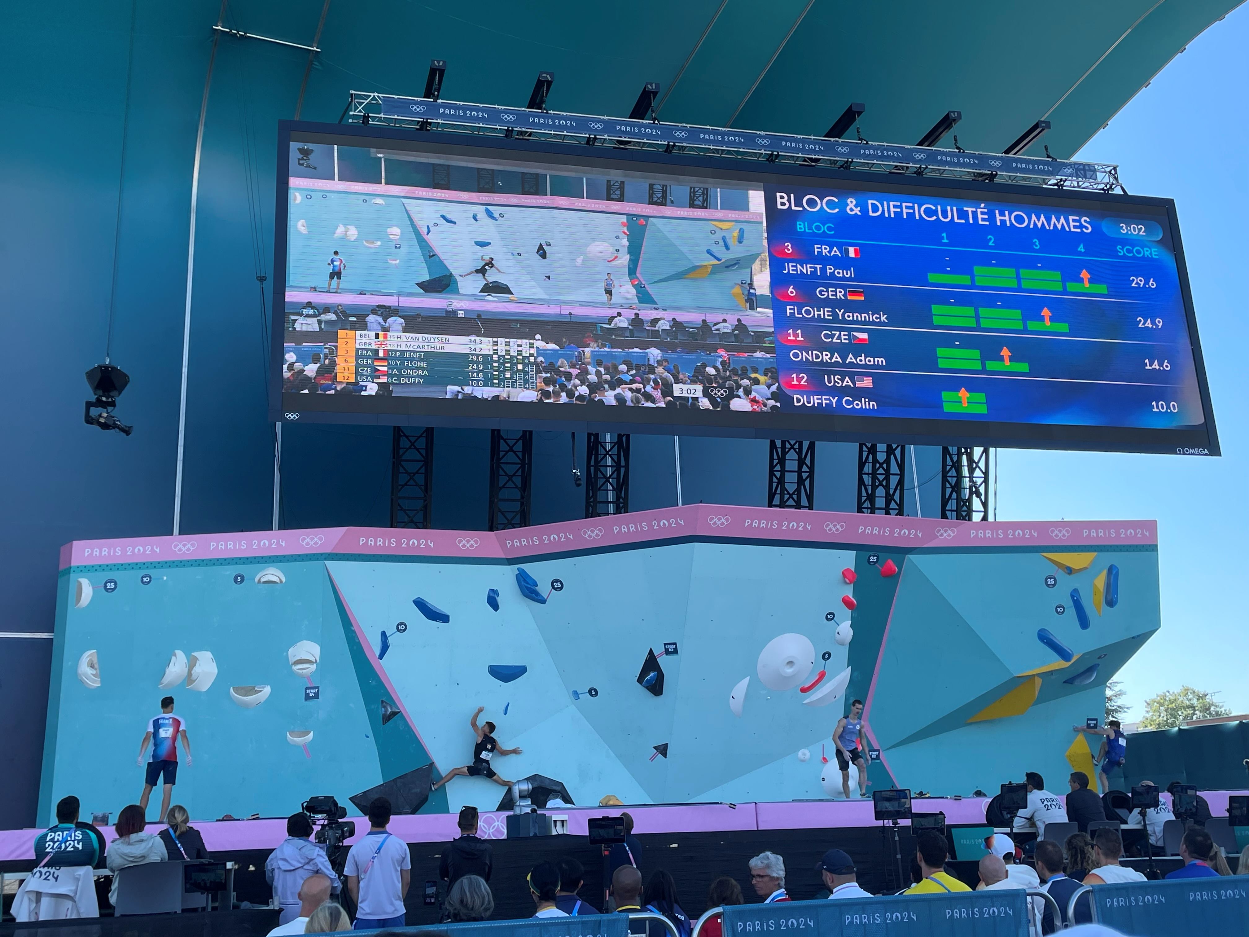 A picture of bouldering at the Olympics with a big screen to watch the competitors on as the focus.