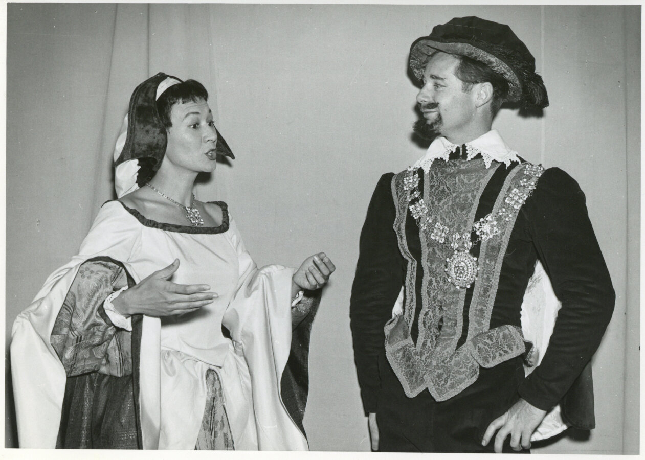 Photograph of Irene Prothroe as Beatrice in the 1958 Banff Centre production of "Much Ado About Nothing"