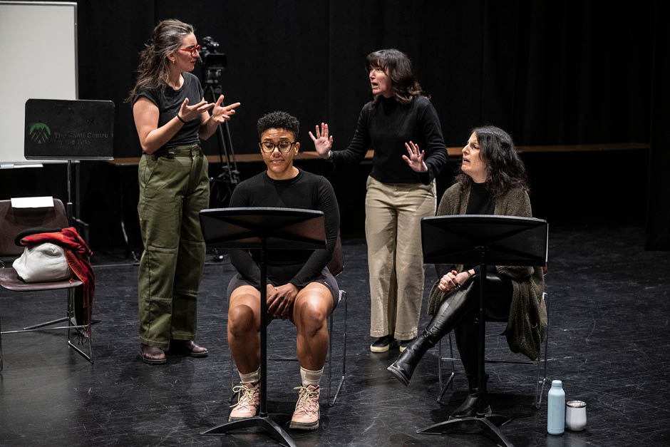Amanda Cordner and Zorana Sadiq with ASL interpreters: Carly Pokoradi and Andrea Konowalec at Playwrights Lab 2024 Two playwrights and two ASL interpreters interact on stage