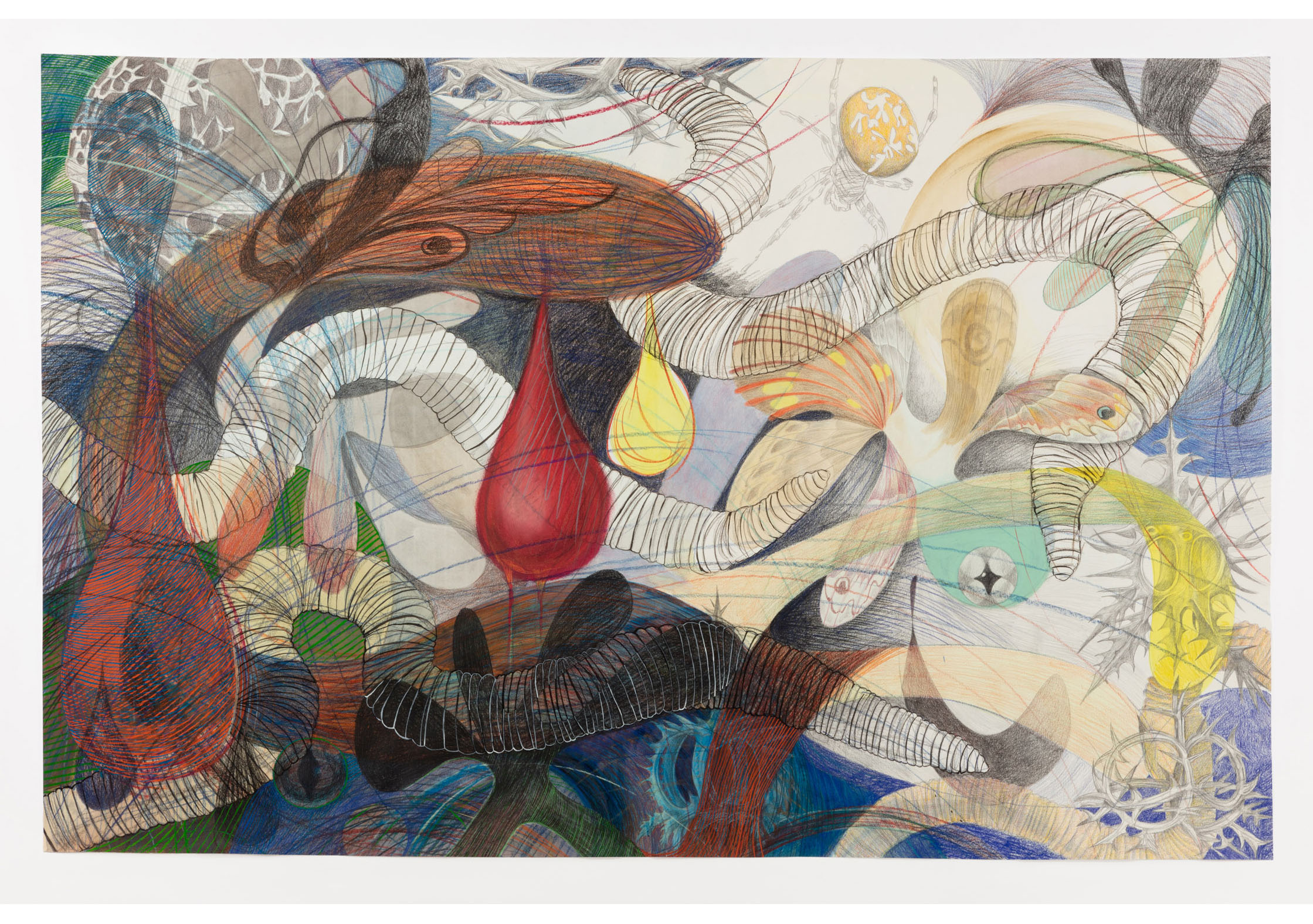 Artwork by Sarah Davidson. Trickledown. Watercolour, ink, pencil crayon, gouache, pencil and pastel on paper, 33 x 49 in