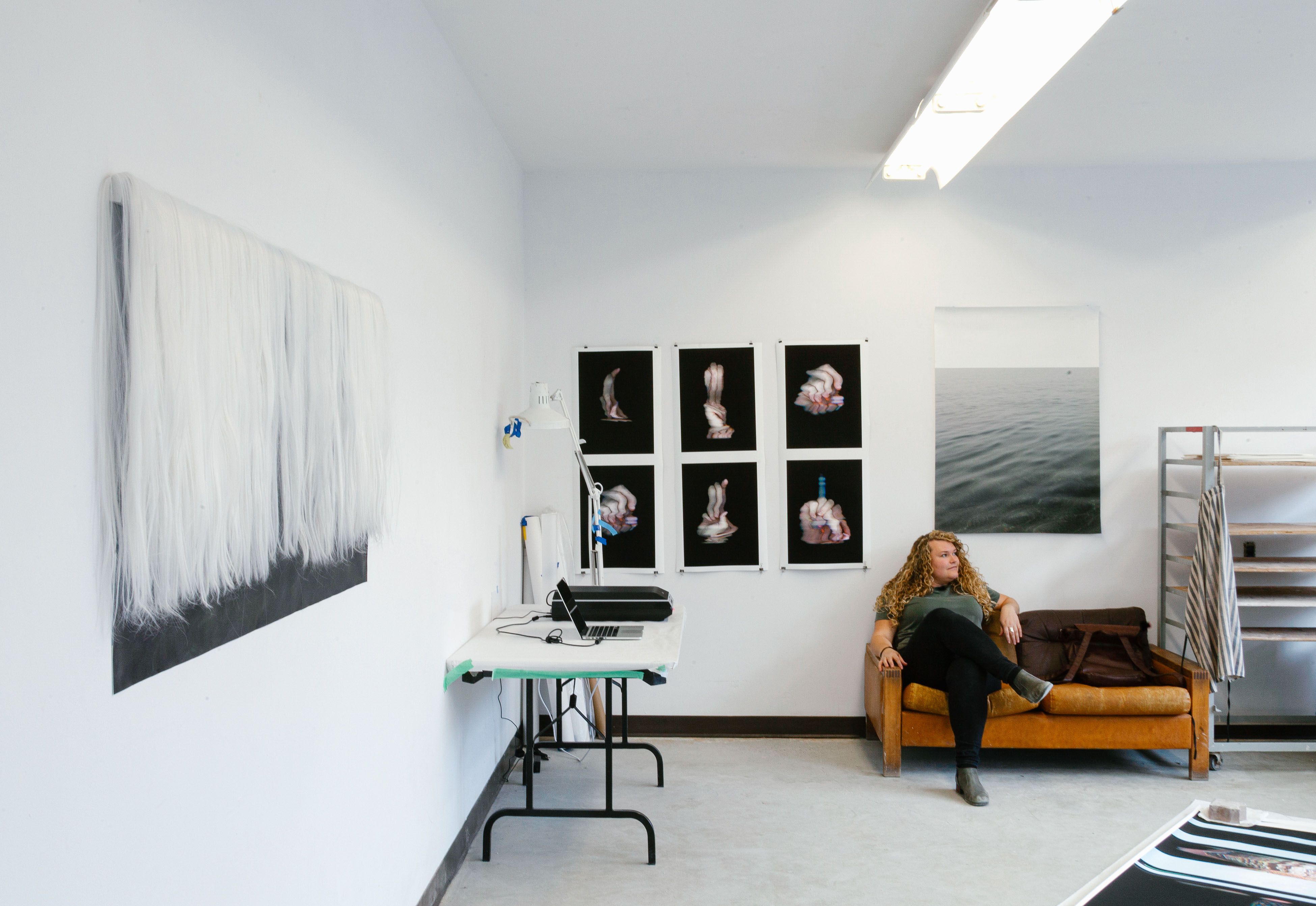 Molly Allen in her Banff Centre Studio with her artwork, 2020.
