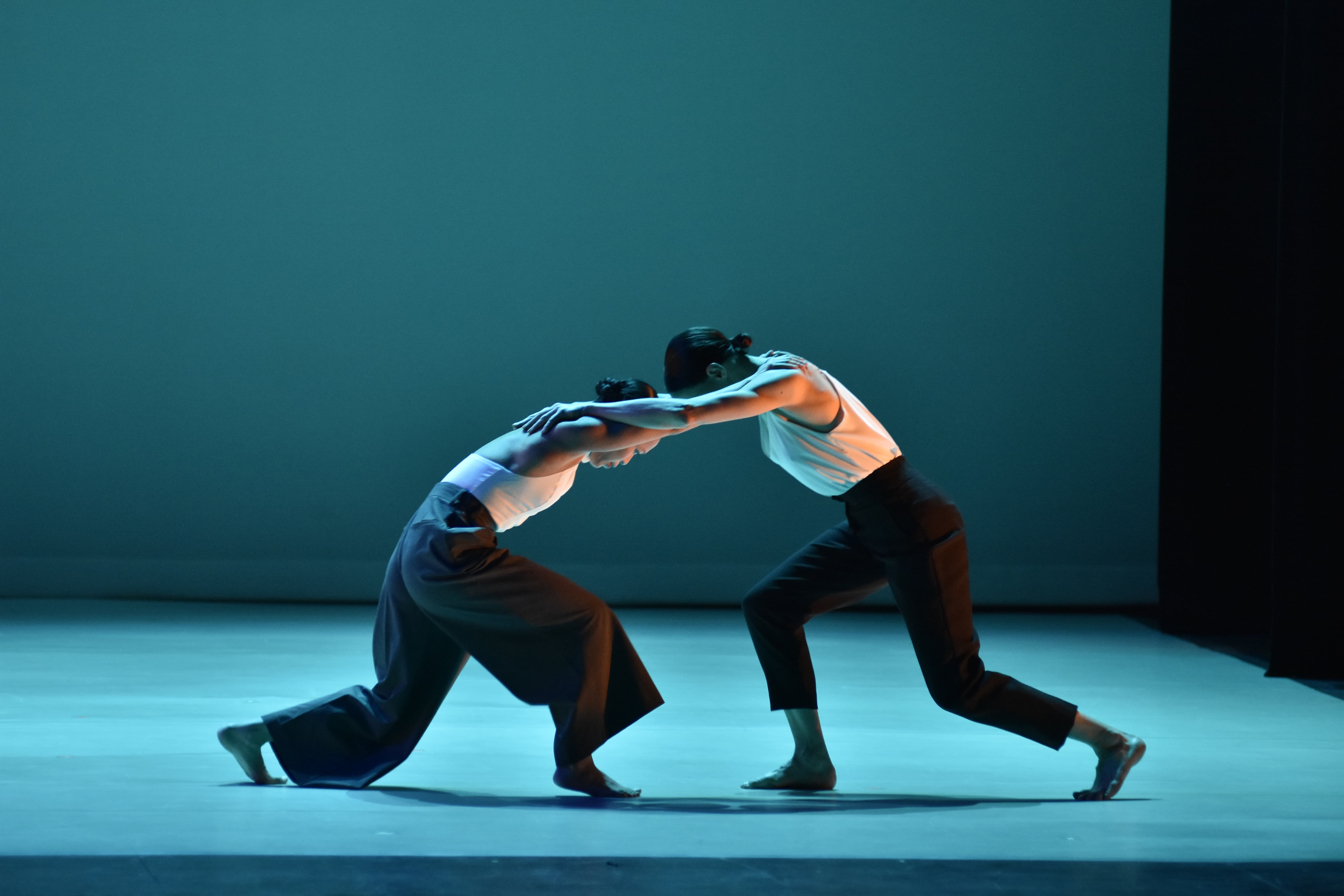 Dancers on stage holding each others arms and lunging toward each other