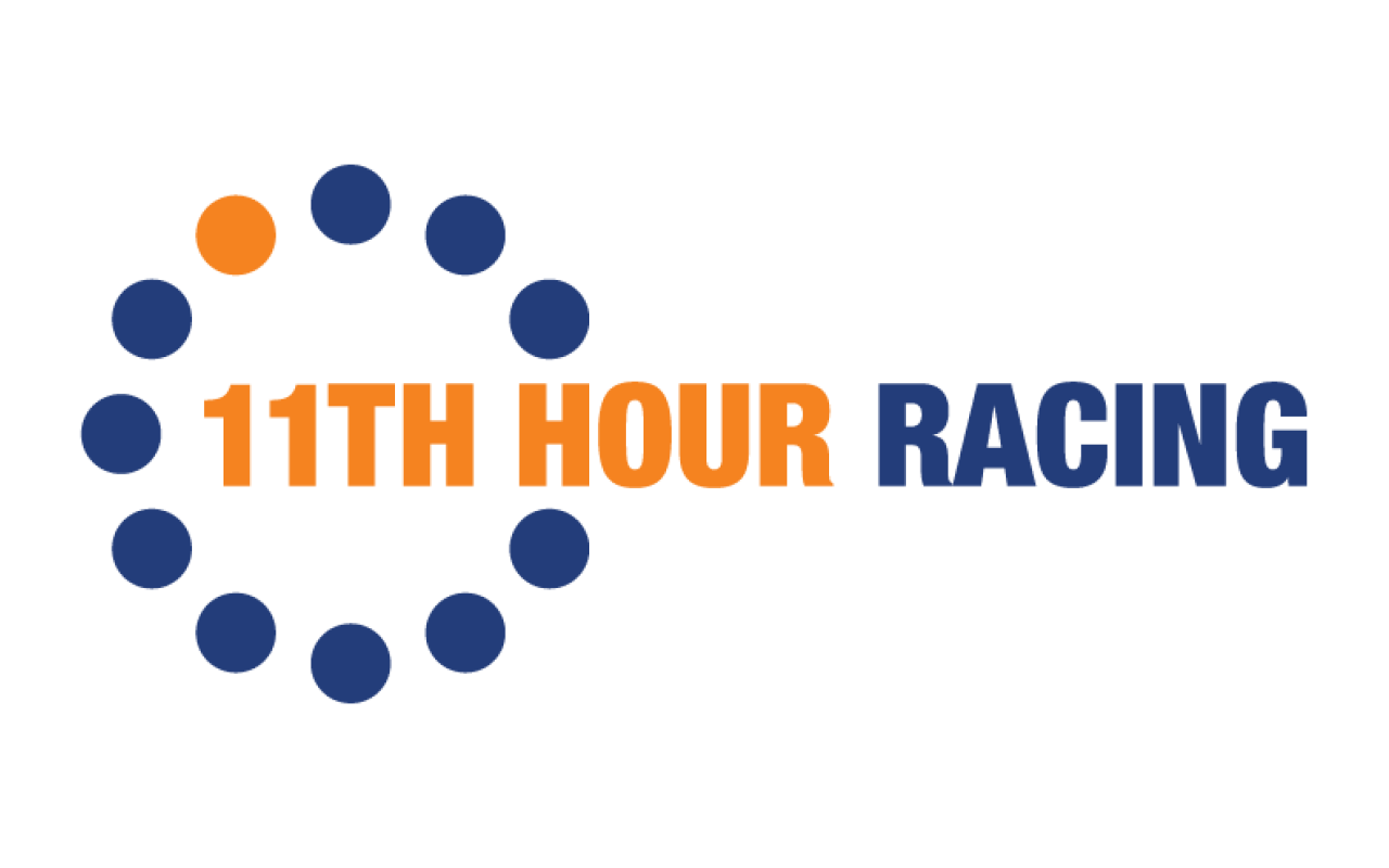 12 dots represent the time on a clock. All are blue except the 11th which is orange. Followed by "11th Hour" in bold capitalized orang text, and "RACING" in blue.