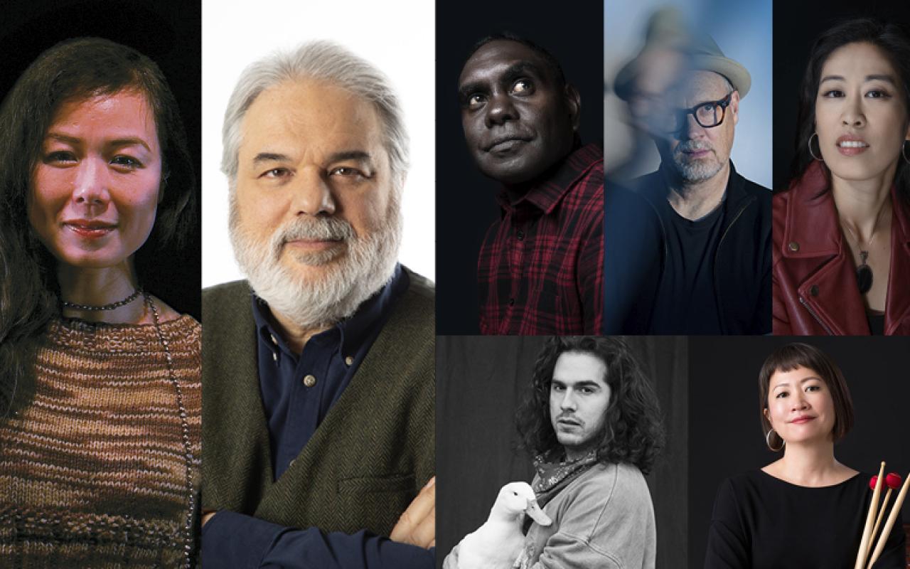 Photo collage of the musicians Nguyễn Thanh Thủy. Photo courtesy of the artist. Sandeep Bhagwati. Photo by Alain Lefort. Hand to Earth Trio: Daniel Wilfred, Peter Knight, and Sunny Kim. Photos by Sarah Walker, Jeremy Dutcher, Haruka Fujii.