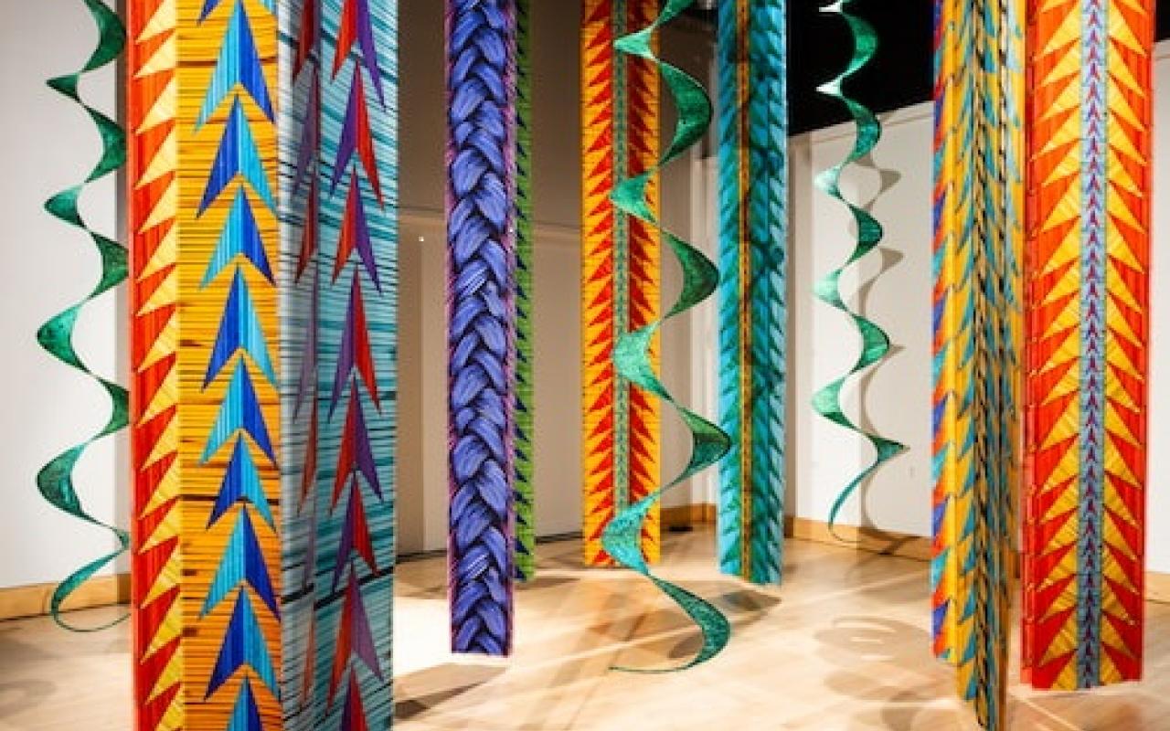 Daphne Boyer, Cedar and Sweetgrass Banners, 2022. Digital collages of individually photographed porcupine quills. Image printed on silk twill using acid dyes. 16' X 14'. Photographer: Lina Samoukova. Courtesy the artist. 