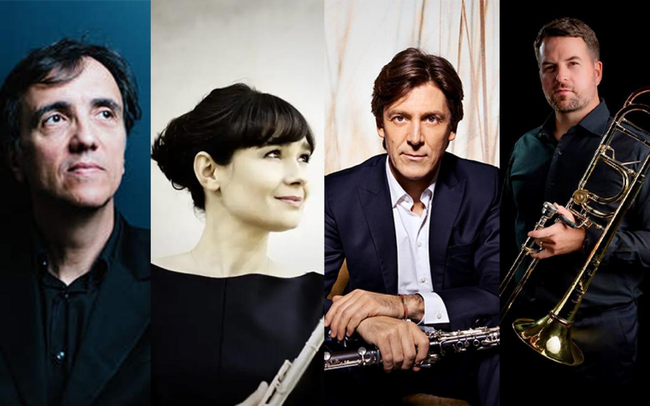 Headshots of Left to right: Éric Le Sage, photo by Nicolas Guerin. Magali Mosnier, photo courtesy of the artist.  Paul Meyer, photo by Edith Held Vandoren. Lee Allen, photo courtesy of the artist.