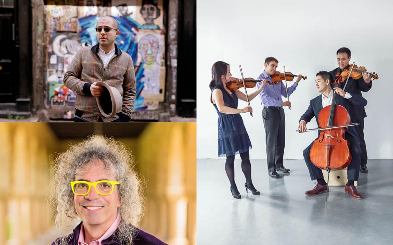 A man standing outdoors holding a hat, a string quartet playing their instruments, and a headshot of a man in yellow glasses