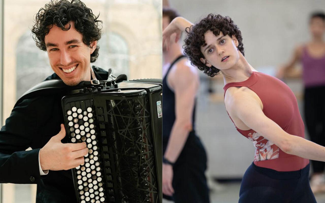 A man playing an accordion; a dance in a studio