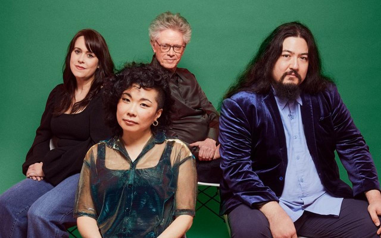 Image of the Kronos Quartet. From Left to Right: Gabriela Díaz (violin), Ayane Kozasa (viola), David Harrington (violin) and Paul Wiancko (cello).