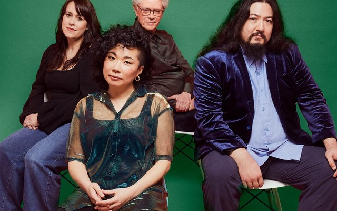 Image of the Kronos Quartet. From Left to Right: Gabriela Díaz (violin), Ayane Kozasa (viola), David Harrington (violin) and Paul Wiancko (cello).