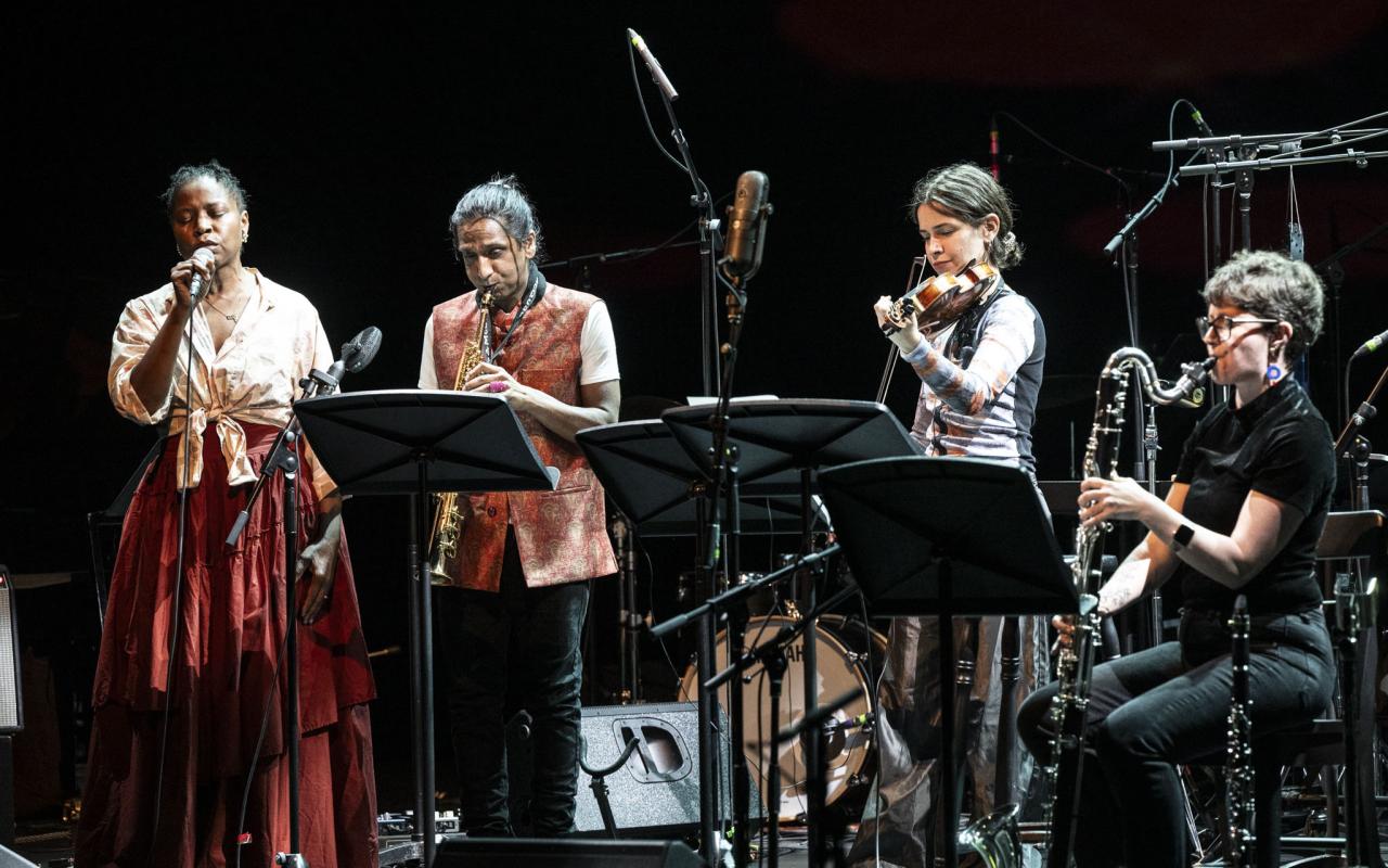 Nicholas Dourado (soprano saxophone), tUkU matthews (voice), Olivia Jones (clarinet), Myrsini Bekakou (violin) at Jazz & Sonic Arts 2024. Photo by Rita Taylor. 
