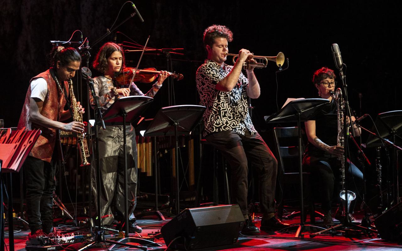 Myrsini Bekakou (violin, arranger), Olivia Jones – (bass clarinet), Nicholas Dourado (sopra-no saxophone), Matt Smith (trumpet) at Jazz & Sonic Arts 2024. Photo by Rita Taylor. 