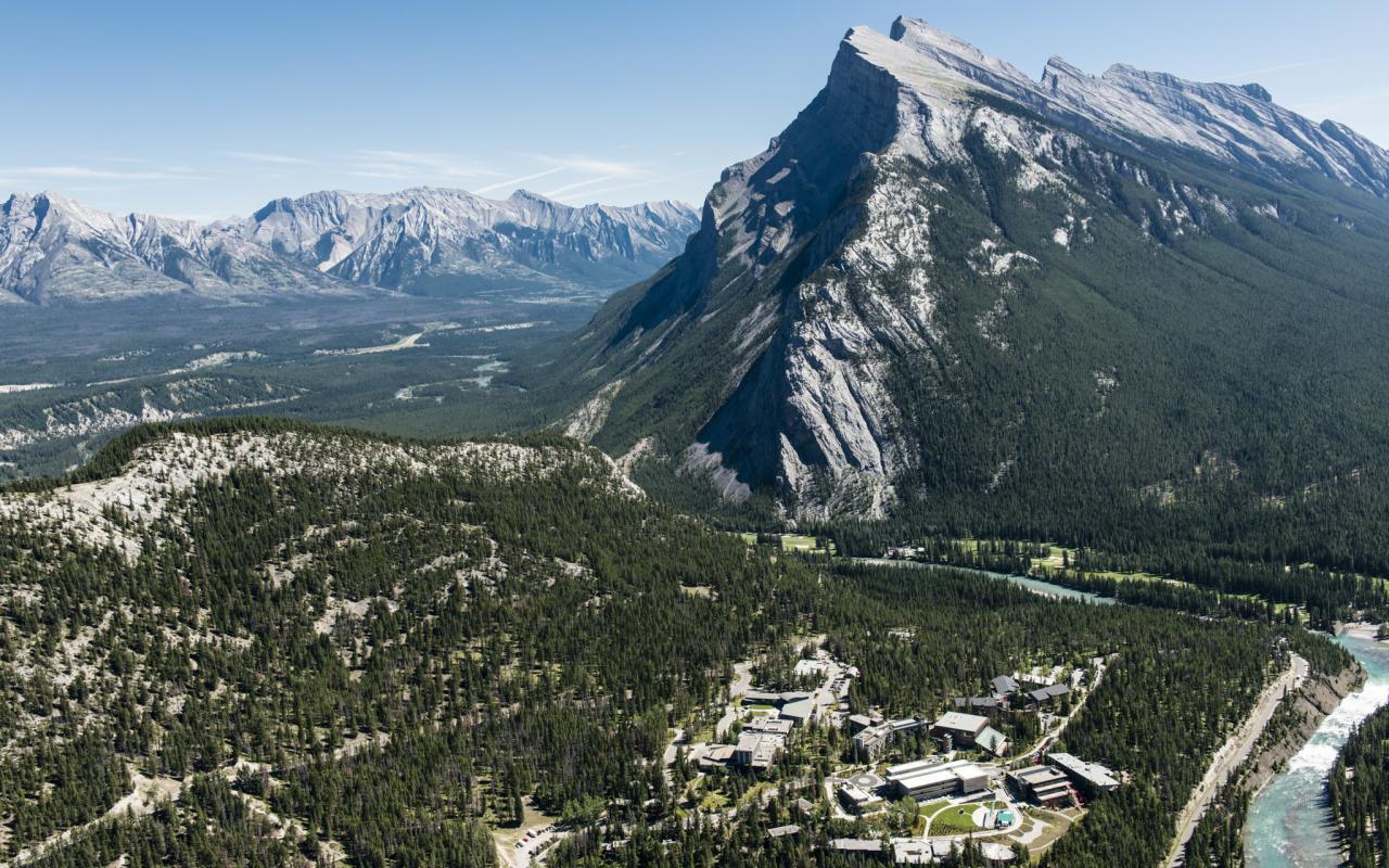 Banff Centre Campus Ariel Shot with Mountain Rundle in Background