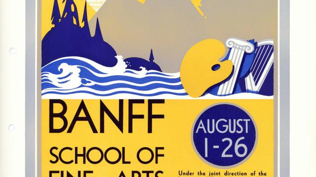 A poster for the Banff School of Fine Arts featuring an illustration of mountains