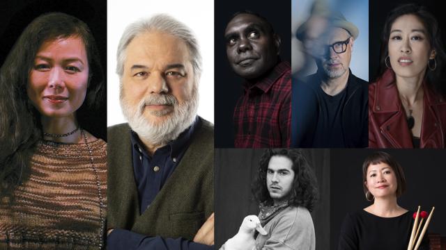 Photo collage of the musicians Nguyễn Thanh Thủy. Photo courtesy of the artist. Sandeep Bhagwati. Photo by Alain Lefort. Hand to Earth Trio: Daniel Wilfred, Peter Knight, and Sunny Kim. Photos by Sarah Walker, Jeremy Dutcher, Haruka Fujii.