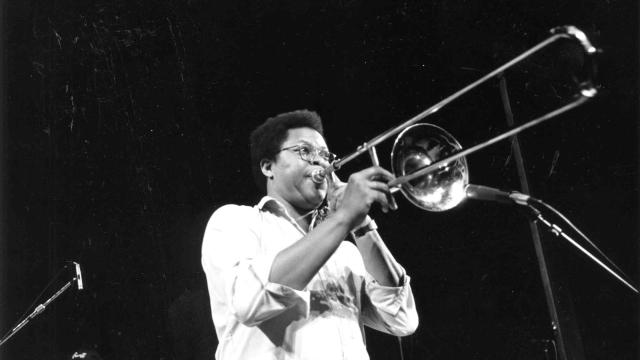 George Lewis pictured performing as part of a faculty concert for the Banff Jazz Workshop on July 25, 1986, in our Max B