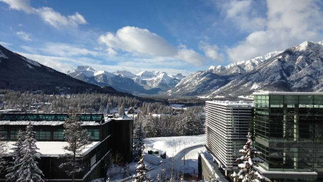 Winter aerial shot of Banff Centre for Arts and Creativity. Photo by Emmett McPartlin.