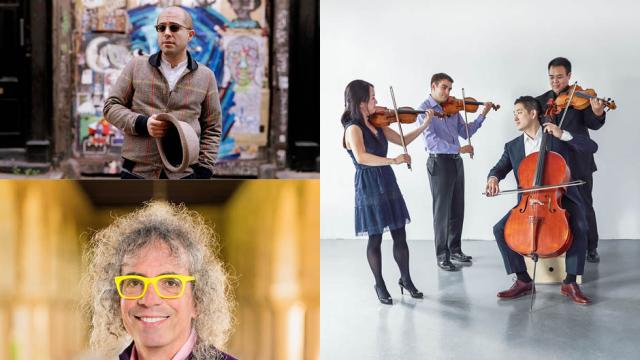 A man standing outdoors holding a hat, a string quartet playing their instruments, and a headshot of a man in yellow glasses