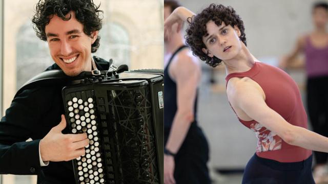 A man playing an accordion; a dance in a studio