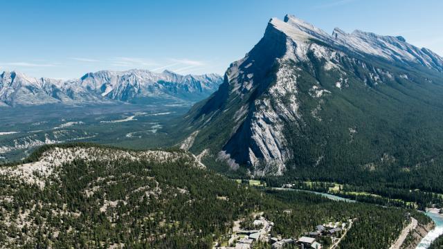 Aerial view of Banff with Mount Rundle as a backdrop