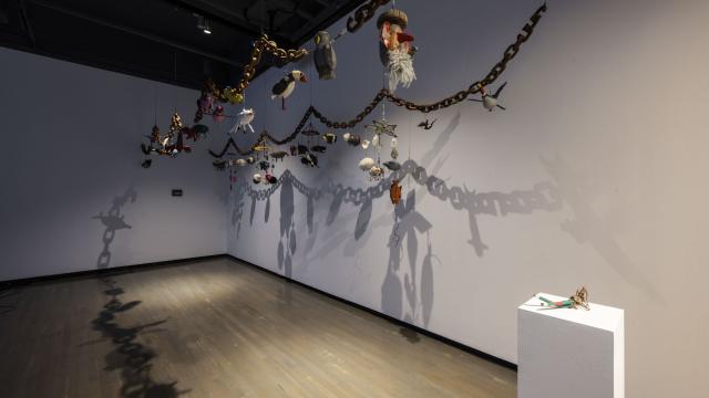 Installation view of Elliptical Lineages, Walter Phillips Gallery, Banff Centre for Arts and Creativity, 2025. Frank McKeough, Selection of untitled works, c. 1977-1997, courtesy of the Estate of Frank McKeough. Photo: Rita Taylor.