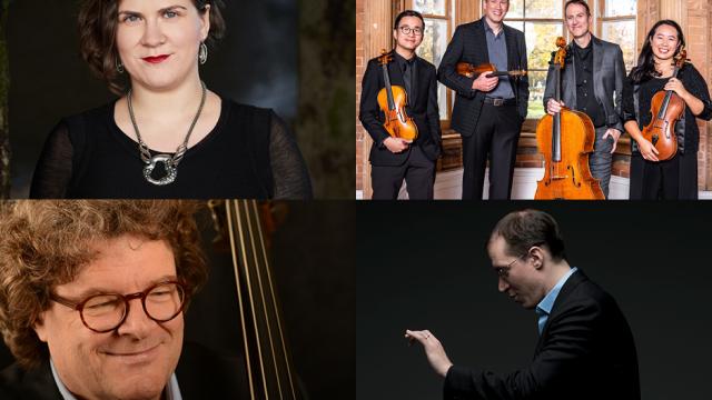 (clockwise from top left:) Ema Nikolovska, New Orford String Quartet, Gilles Vonsattel, Joel Quarrington