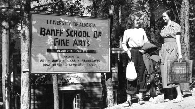 Ann Greyburn and Margot Winspear (née McLeod) in front of Vinci Hall on the Banff Centre campus, circa 1949
