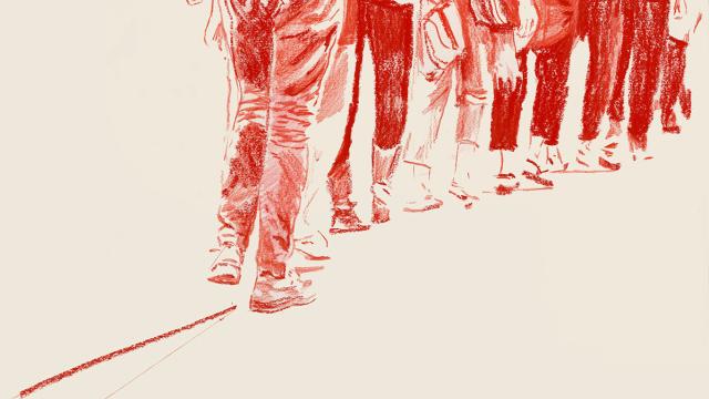Red pastel  is used to create a detailed illustration of the lower half of a people walking in line single-file.