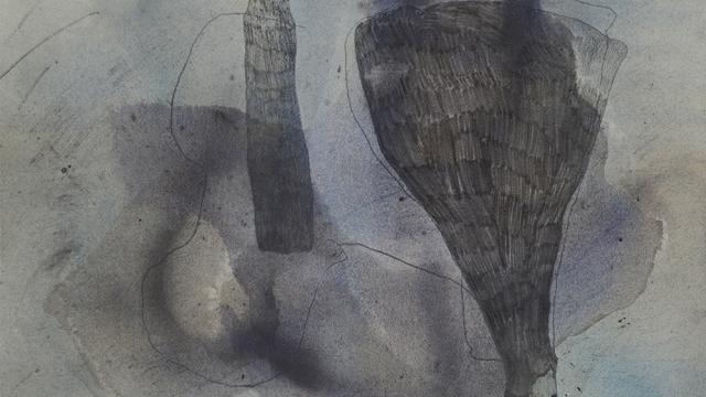 An abstract greyscale image that appear to involve pencil and watercolour.