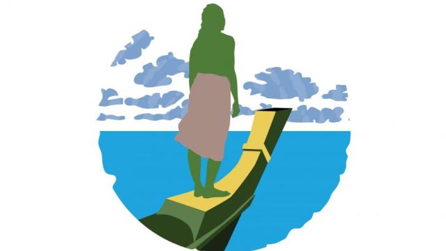 Graphic art of a pacific islander standing on the bow of a boat overlooking the sea.