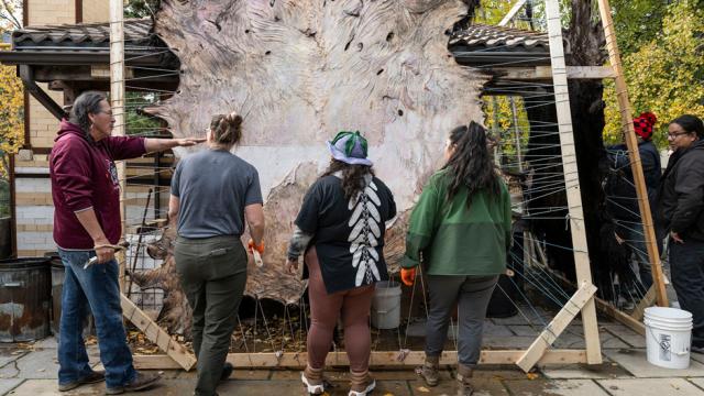 Hide Tanning participants standing in front of a large stretched hide