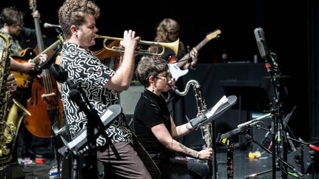 Michael Brady (guitar), Matt Smith (trumpet), Olivia Jones (bass clarinet), Stella Anning (guitar); Jazz and Sonic Arts 2024. Photo by Rita Taylor.